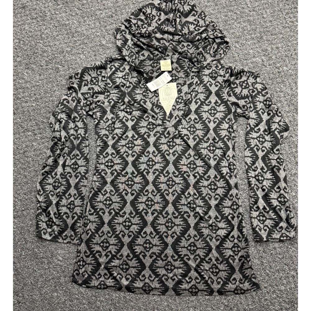 Balance Collection by Marika Womens Hooded Tunic Top Grey Black Ikat Print L NEW